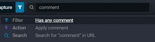 Fluxzy Search Everywhere palette showing a filter, an action and a URL search result for the query "comment"