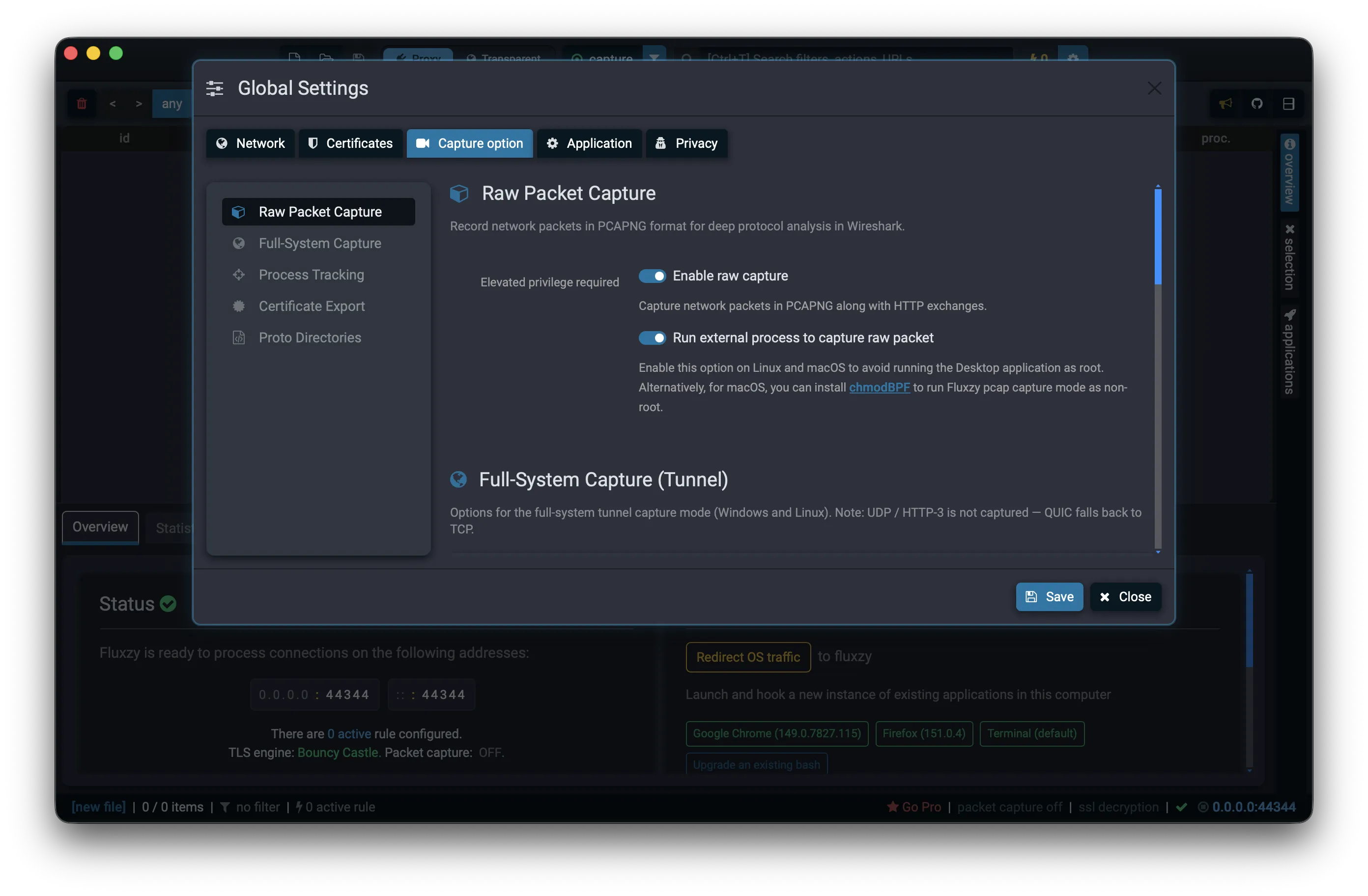 Fluxzy Global Settings on the Capture option tab, showing the Raw Packet Capture section
