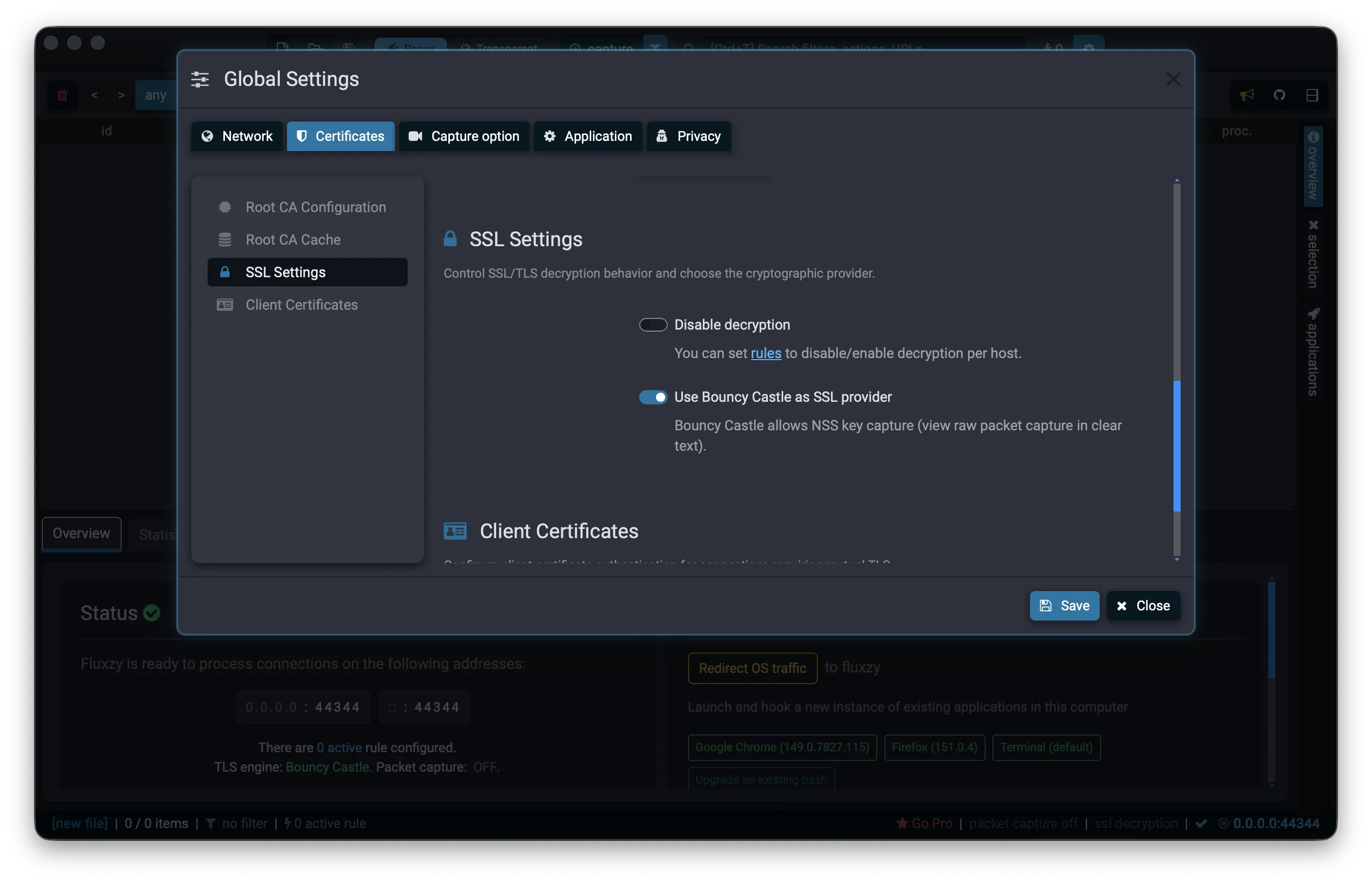 Fluxzy Global Settings, SSL Settings section