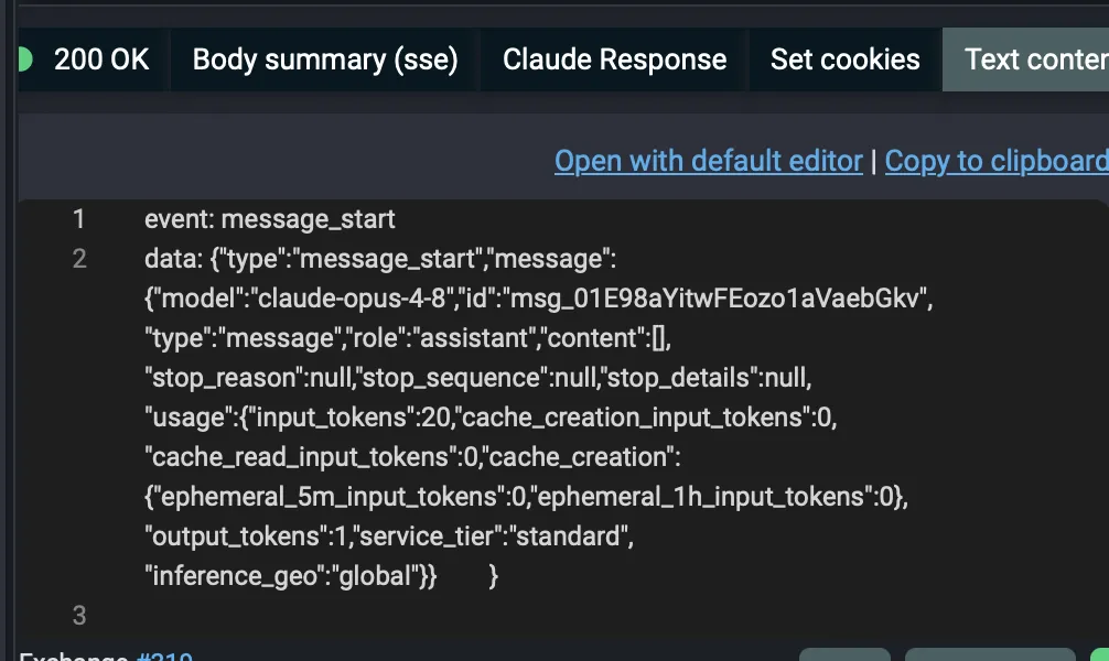Streaming Server-Sent Events response shown in Fluxzy