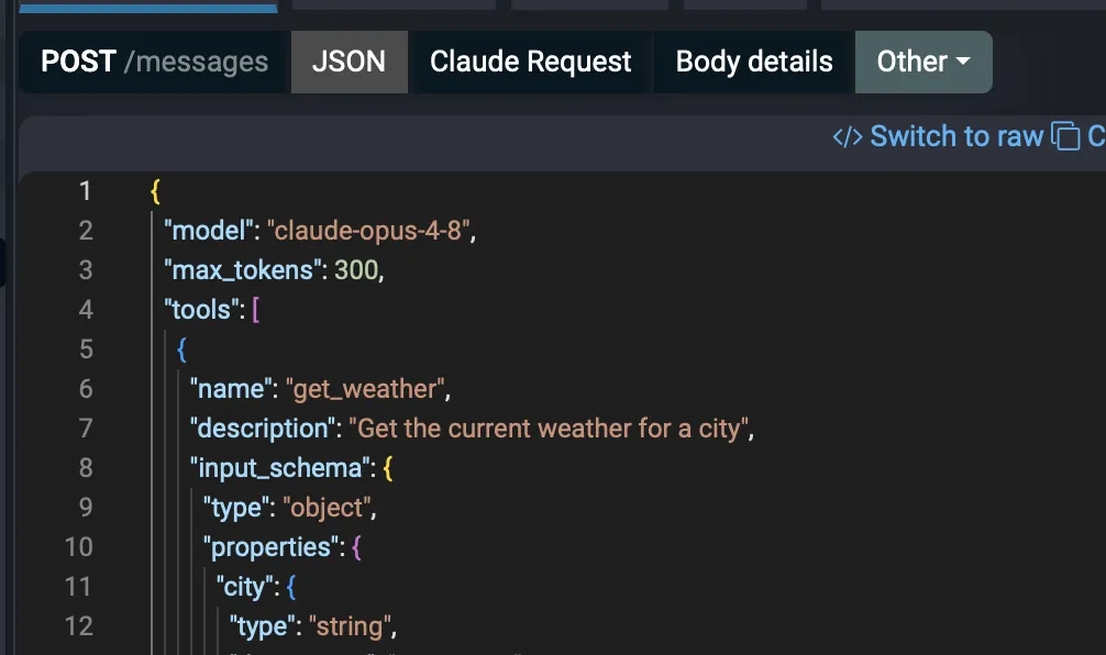 Anthropic request defining a get_weather tool